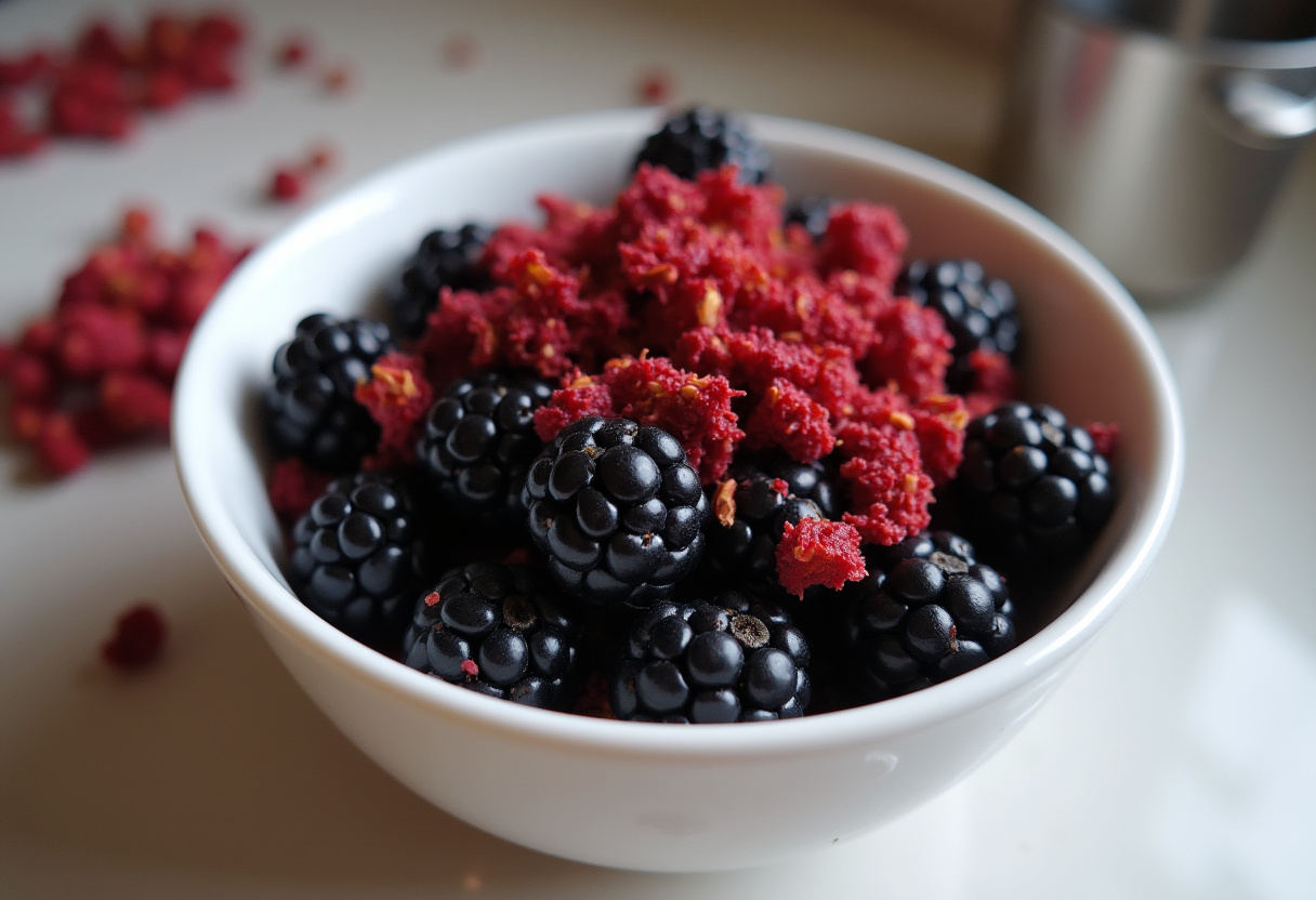 Fresh blackberries and dried hibiscus flowers prepared for making Blackberry Hibiscus Tea Frappe.