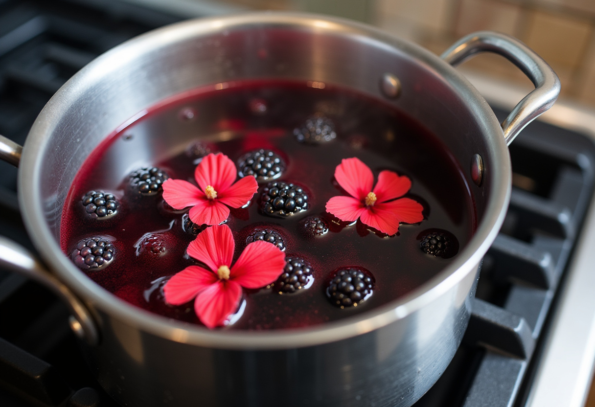 Blackberries and hibiscus flowers steeping in boiling water for tea base.