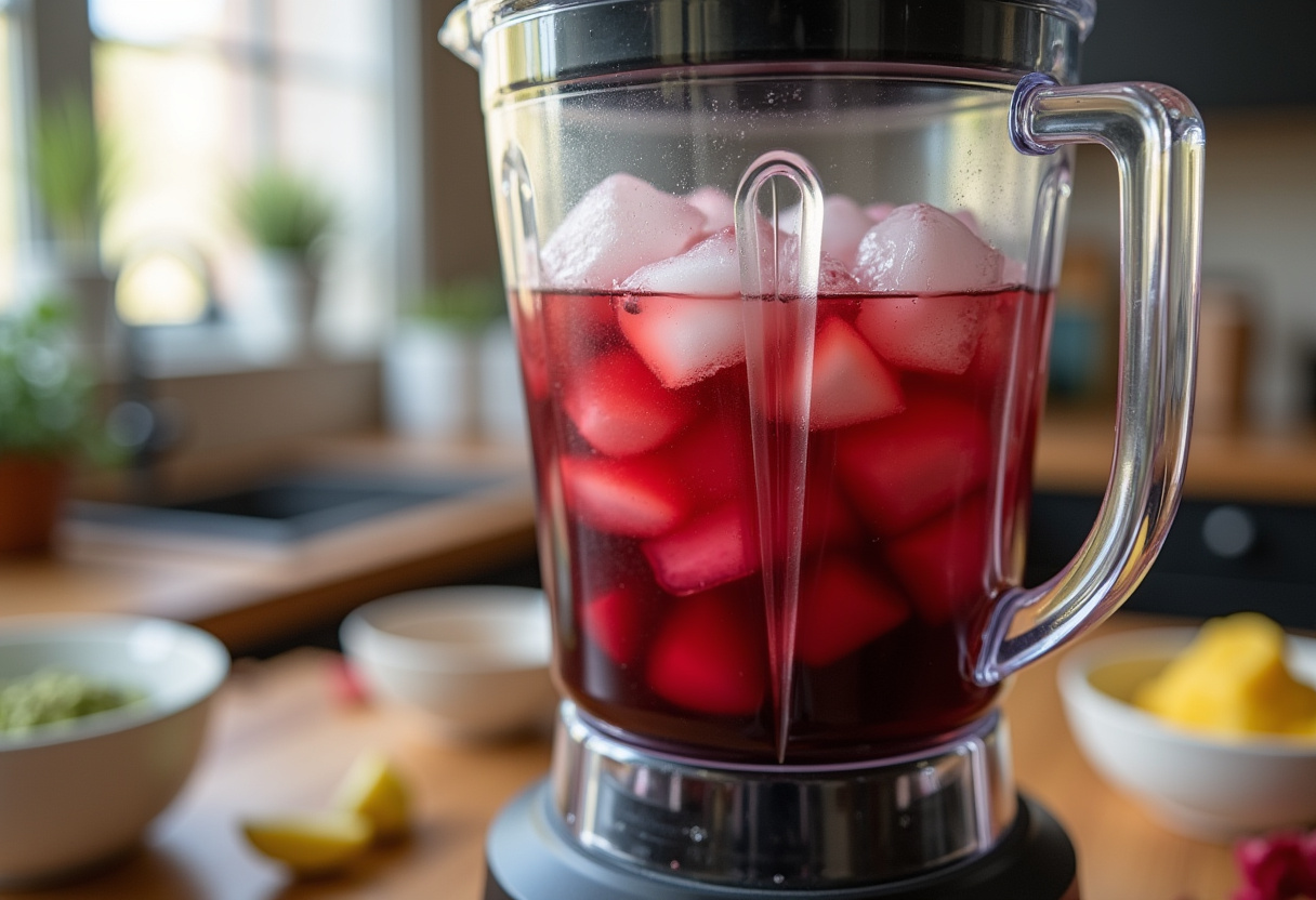 Blender with hibiscus tea, ice, and honey for Blackberry Hibiscus Tea Frappe.