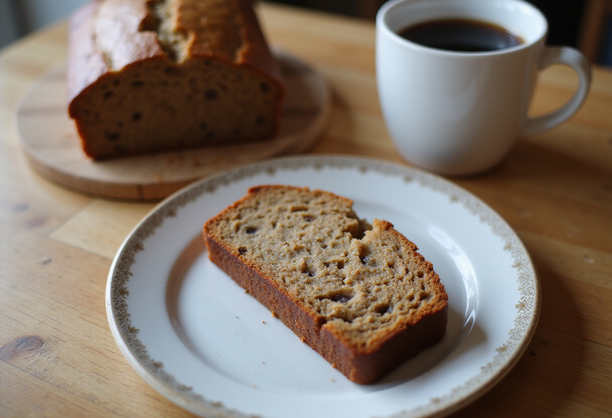 Delicious slice of homemade high-altitude banana bread with coffee.