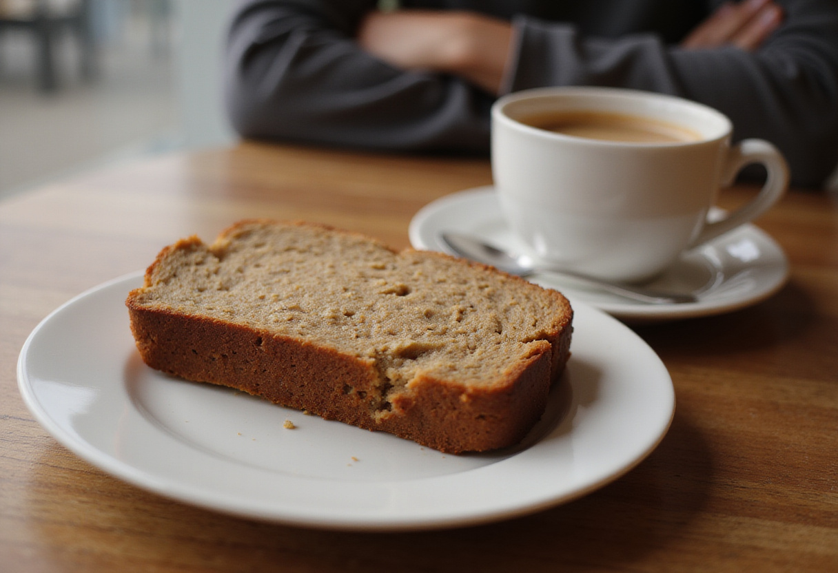 Delicious slice of homemade high-altitude banana bread with coffee.