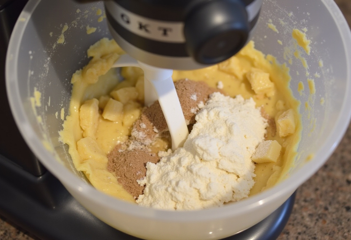 Mixing banana bread batter in a stand mixer for high-altitude baking.