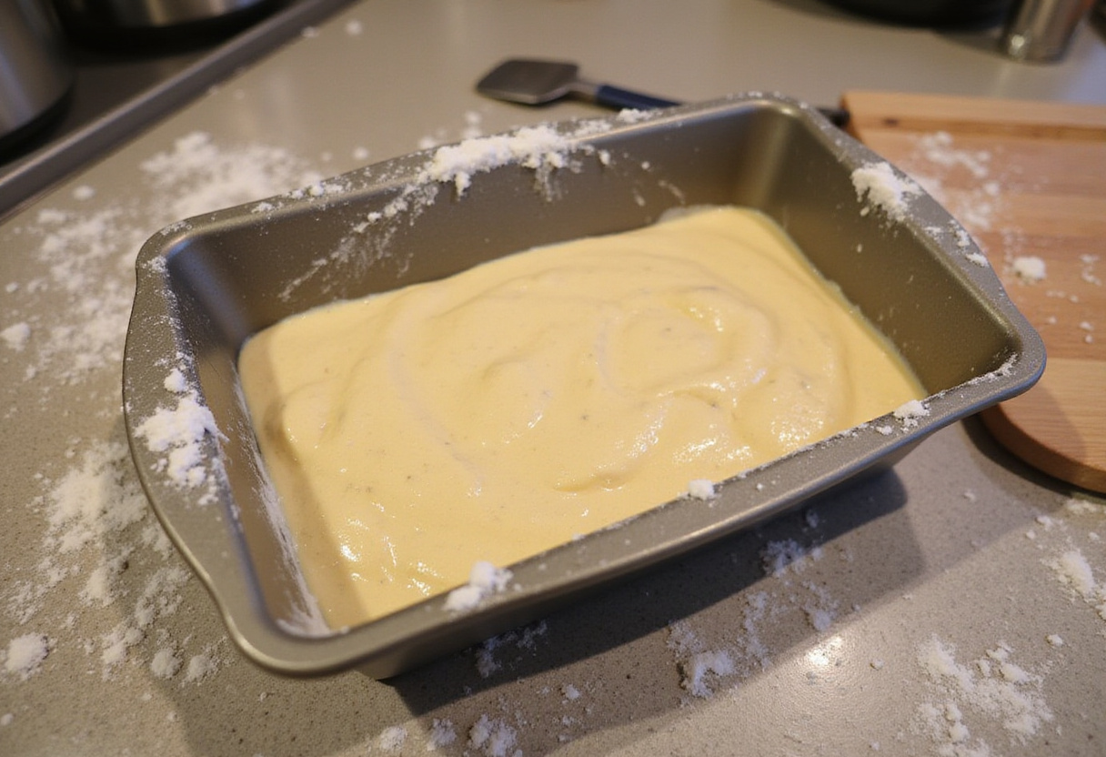 Preparing a loaf pan for high-altitude banana bread baking at home.