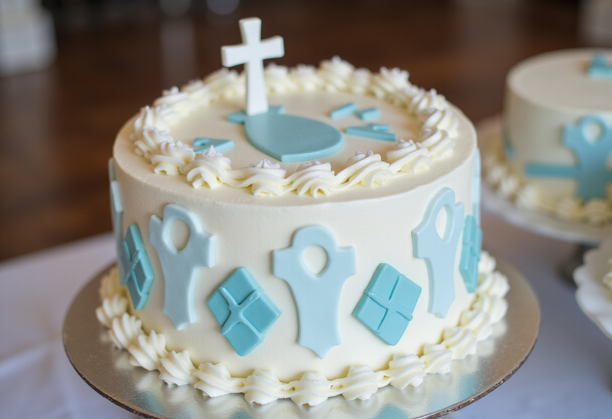 Perfect Baptism cake with white frosting and blue decorations.
