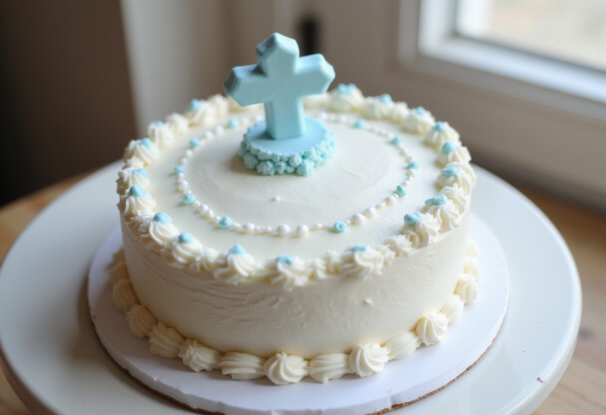 Perfect Baptism cake with white frosting and blue decorations.