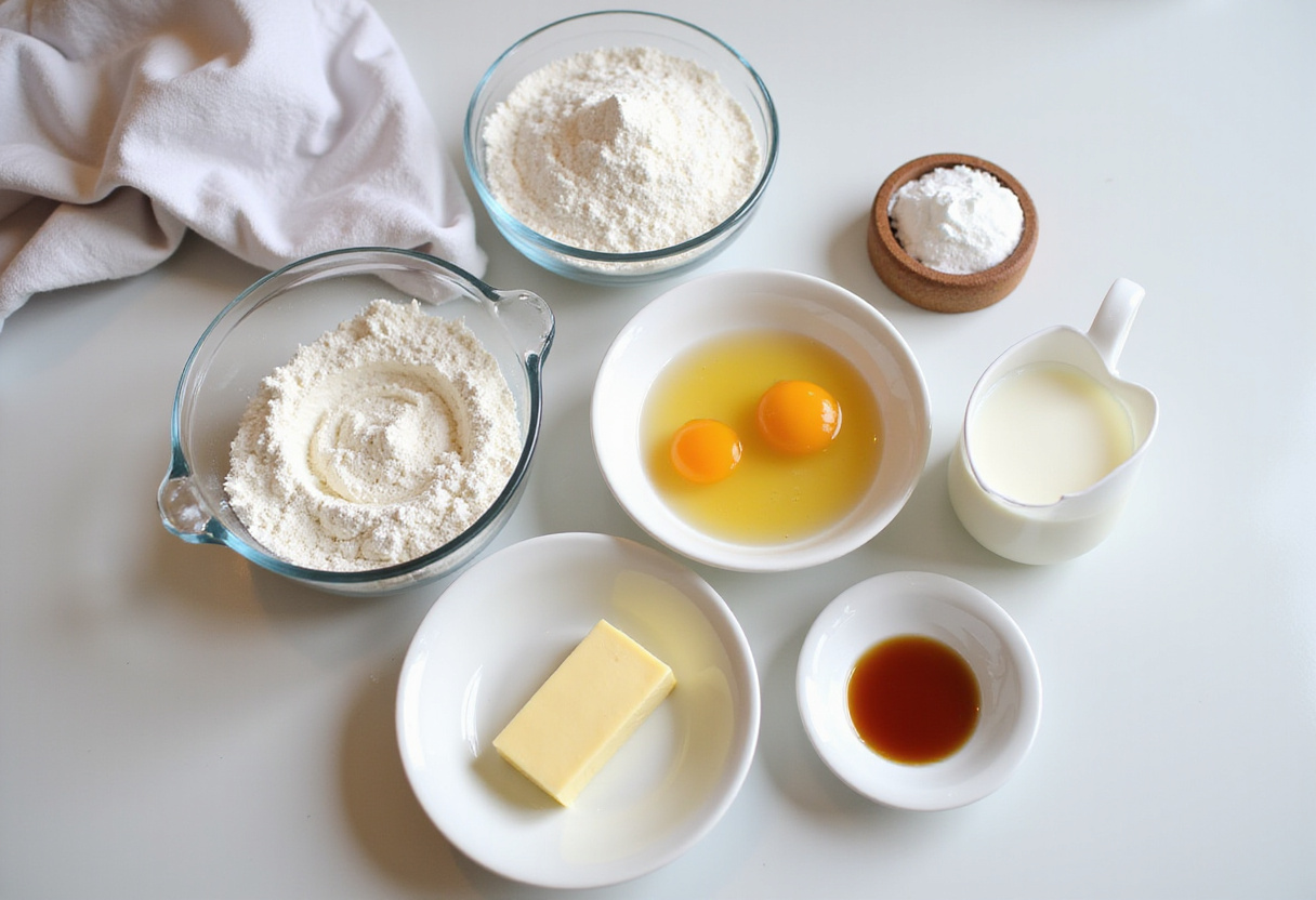 Ingredients for making a Baptism cake: flour, sugar, eggs, butter, vanilla extract, baking powder, and milk.