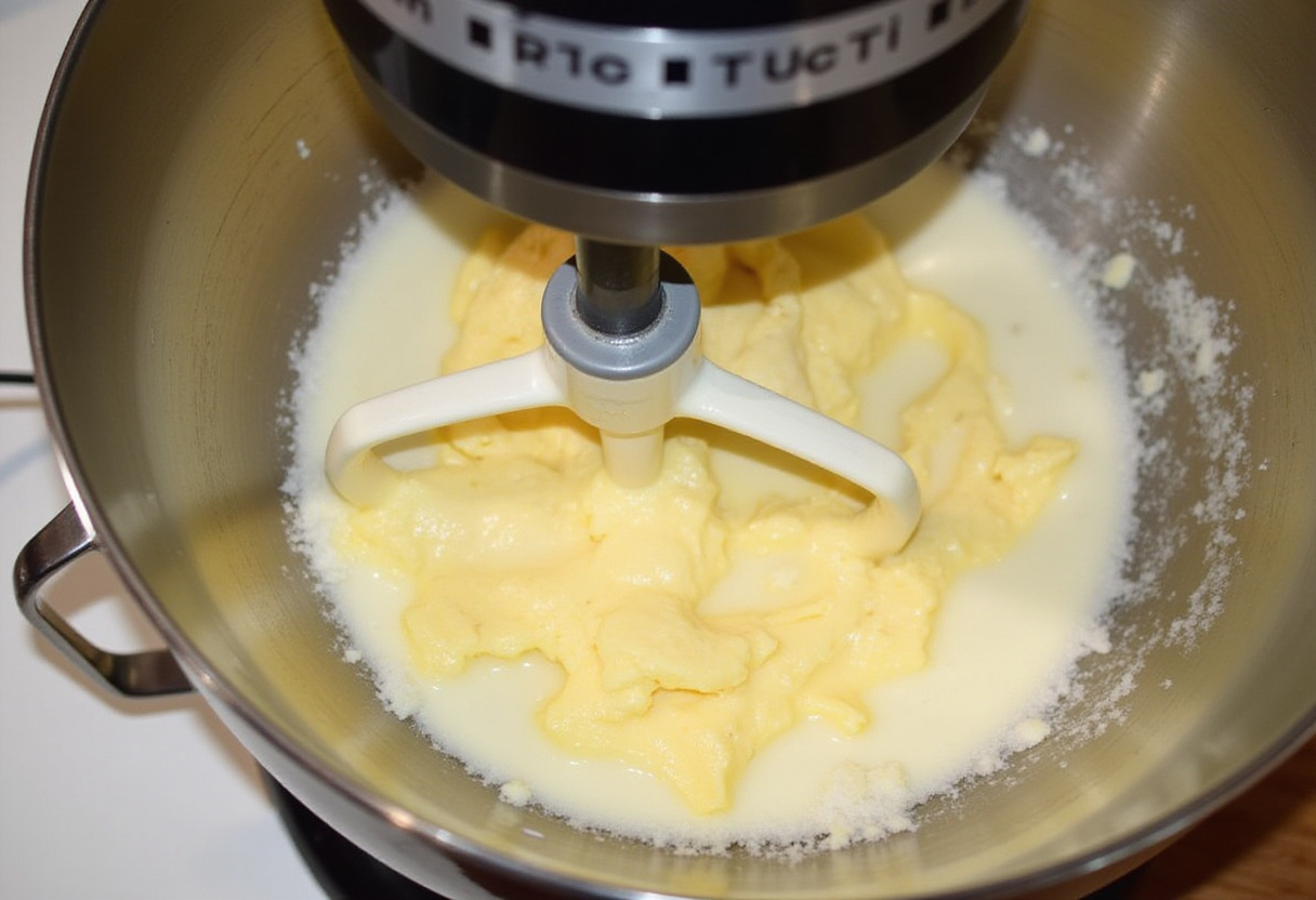 Butter and sugar being creamed together in a stand mixer for a homemade Baptism cake.