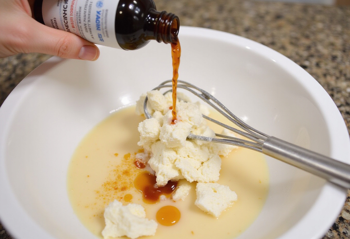 Combining milk and vanilla extract into cake mix for Baptism Cake.