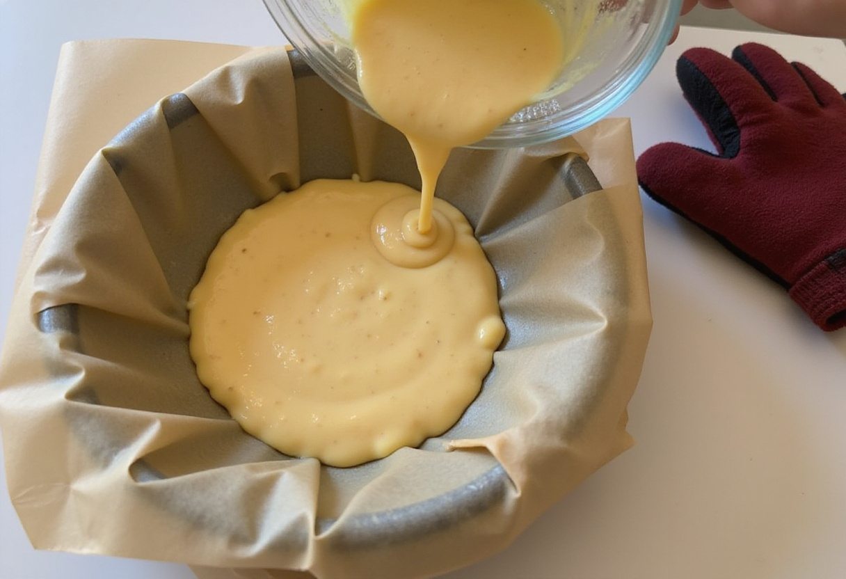 Cake batter being poured into a baking pan for a Baptism cake.