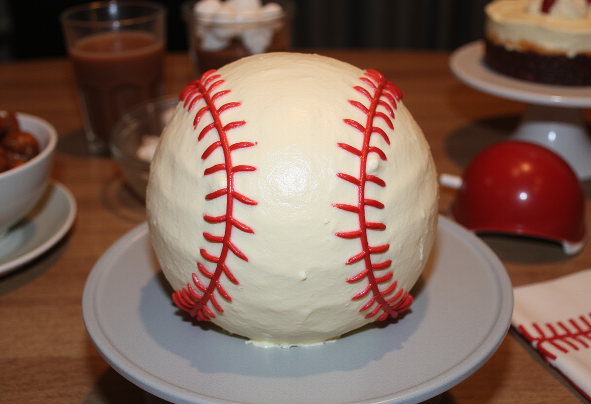 Finished Baseball Cake with red stitching detail, perfect for a sports-themed party.