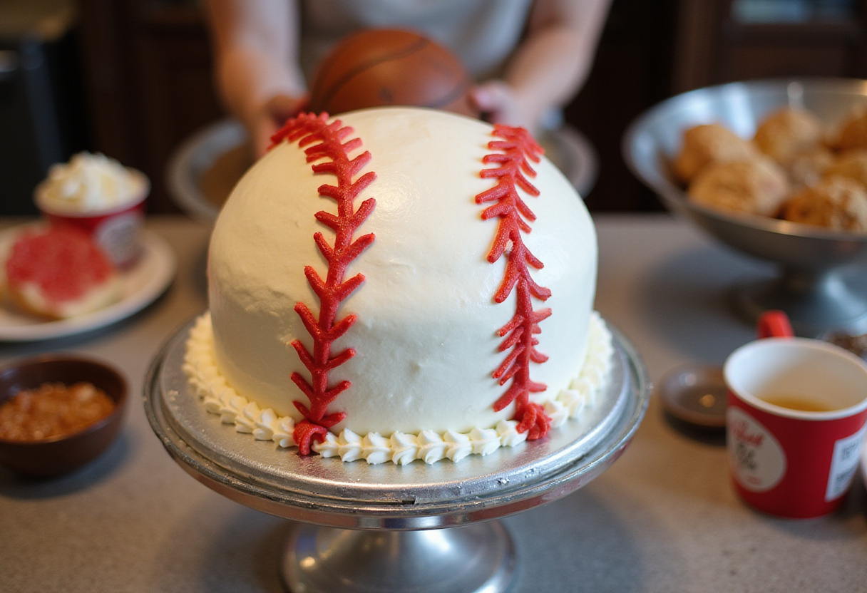 Finished Baseball Cake with red stitching detail, perfect for a sports-themed party.