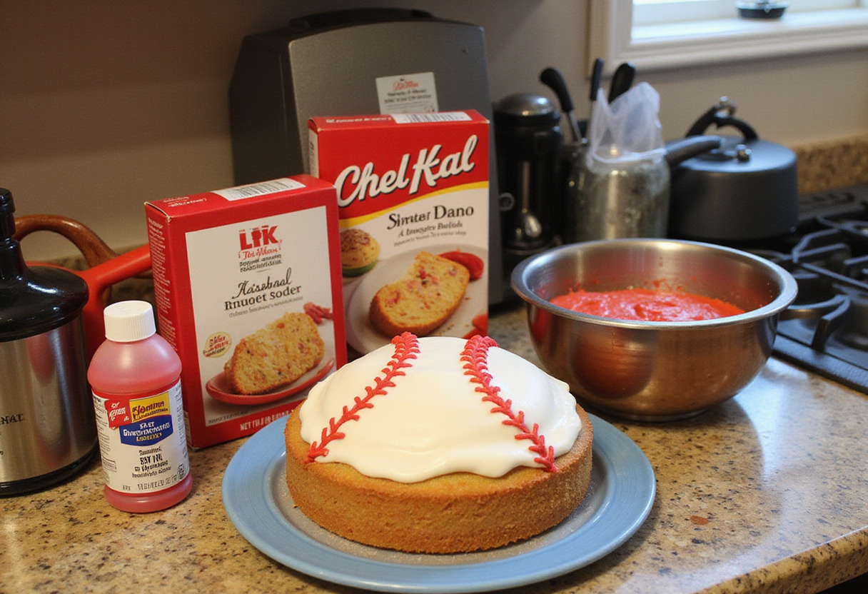 Ingredients and tools laid out for making a homemade Baseball Cake.