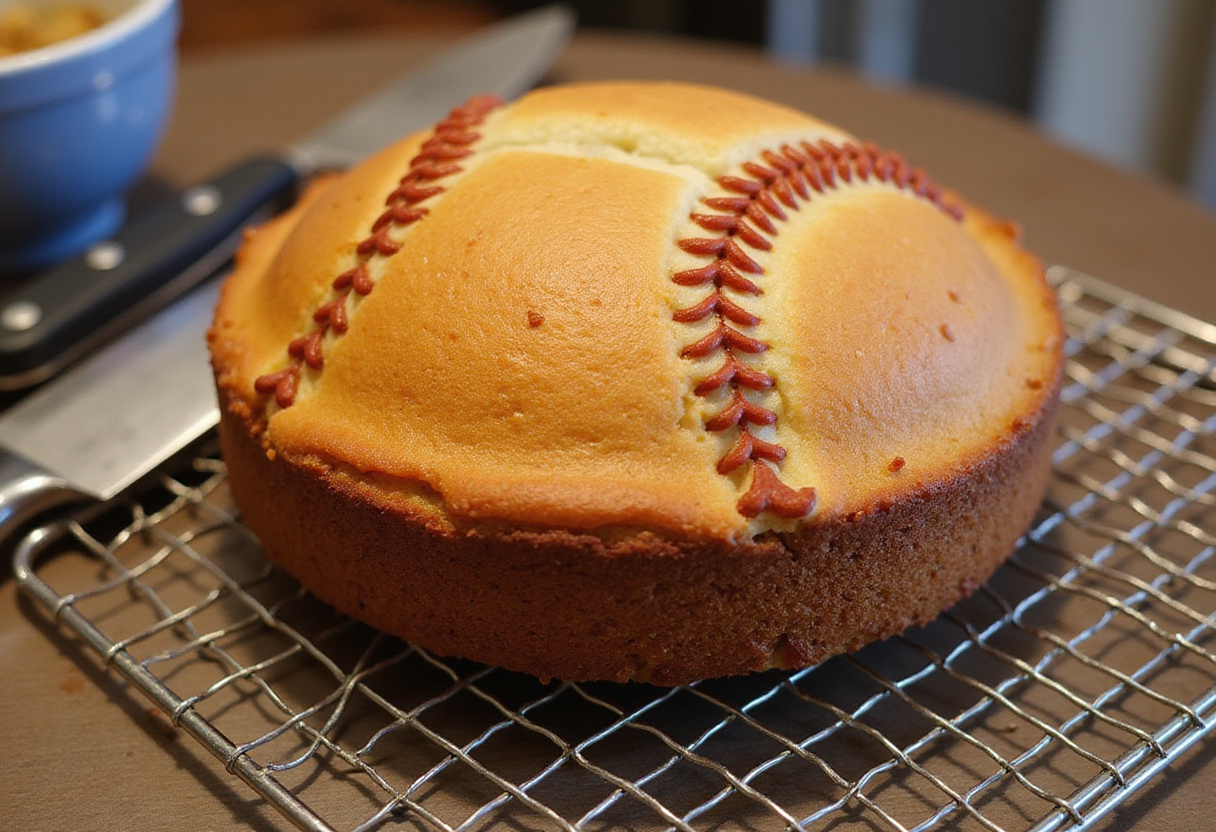 Baseball cake cooling after baking in preparation for frosting.