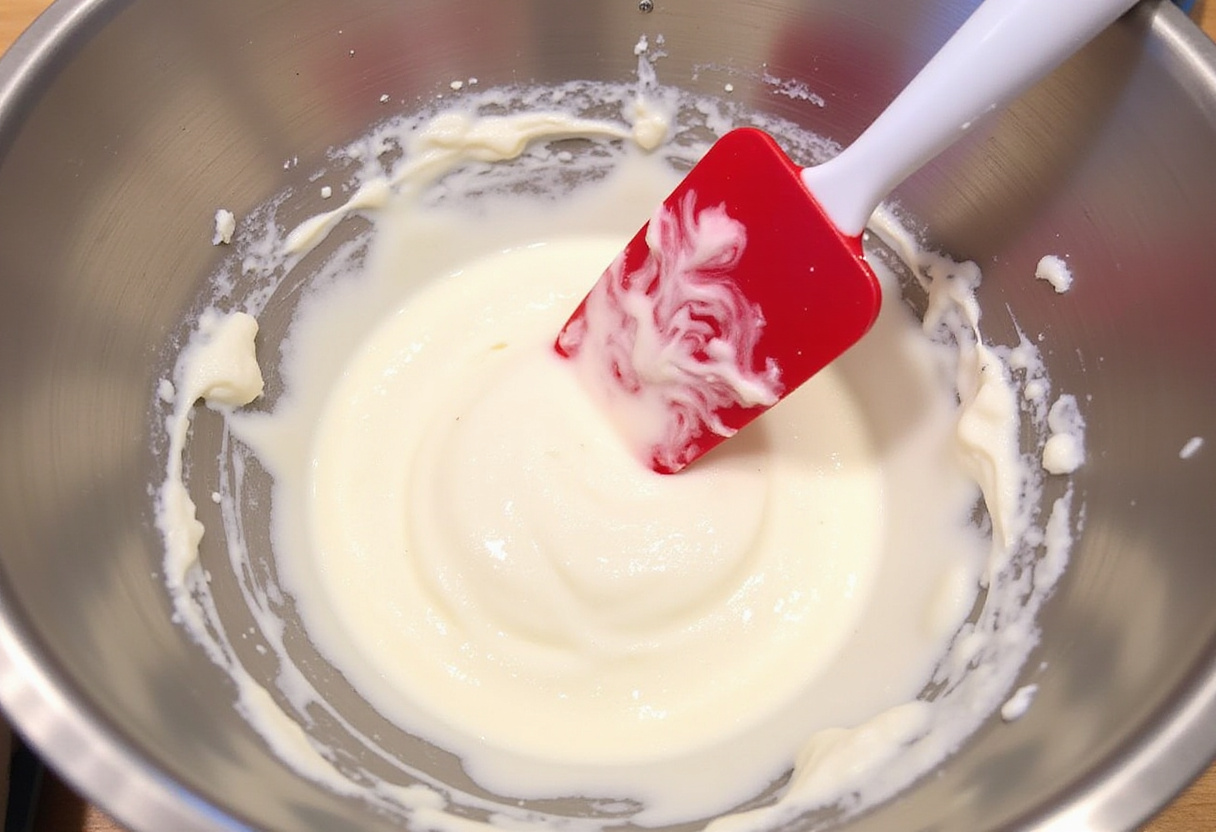 Red frosting being prepared for decorating a Baseball Cake.