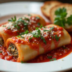 Delicious Italian Stuffed Cabbage Rolls served with fresh parsley and bread.