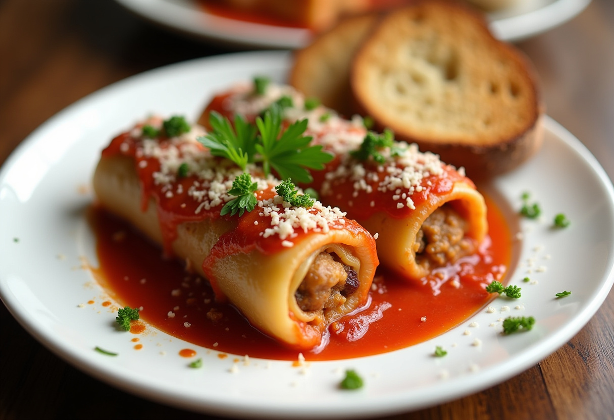 Delicious Italian Stuffed Cabbage Rolls served with fresh parsley and bread.