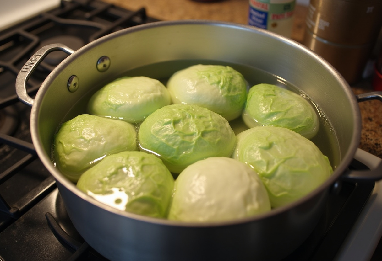 Cabbage leaves boiling in water for Italian Stuffed Cabbage Rolls.