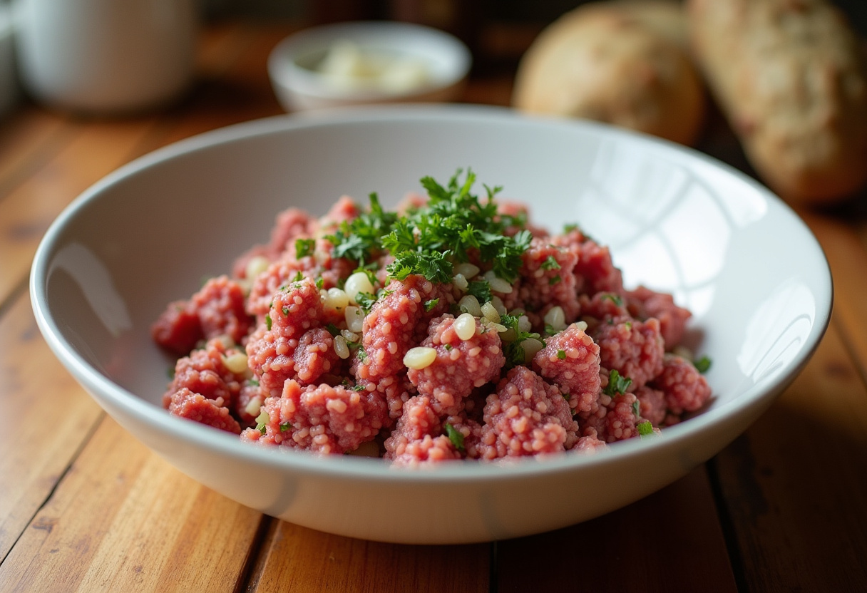 Ground beef and rice mixture prepared for stuffing cabbage leaves.