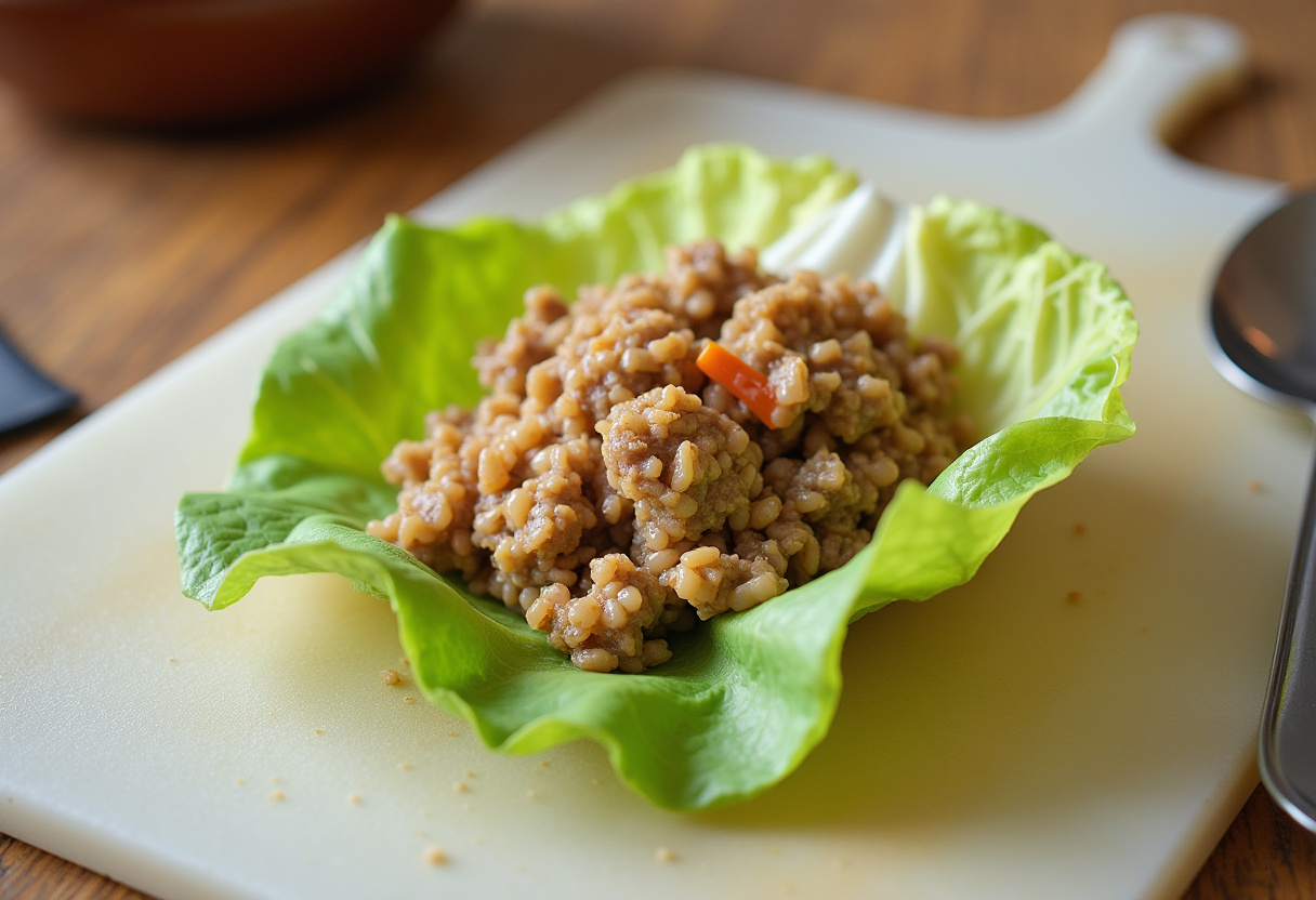 Cabbage leaf filled with meat and rice mixture for Italian Stuffed Cabbage Rolls.