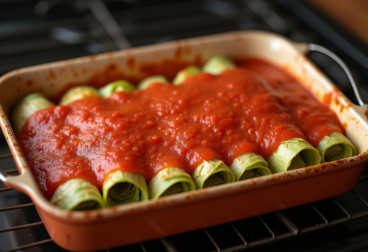 Rolled cabbage leaves in tomato sauce ready for baking.