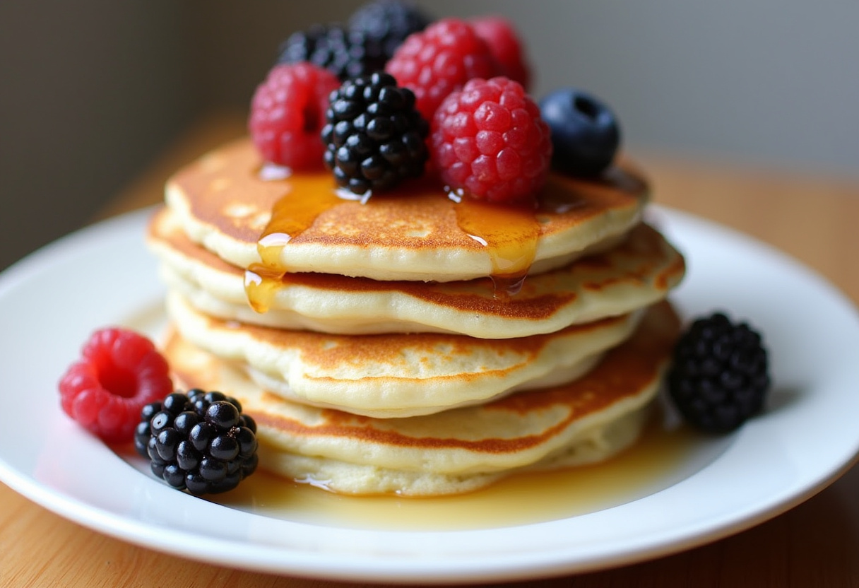 Finished low-carb high-protein cottage cheese pancakes with berries and syrup.