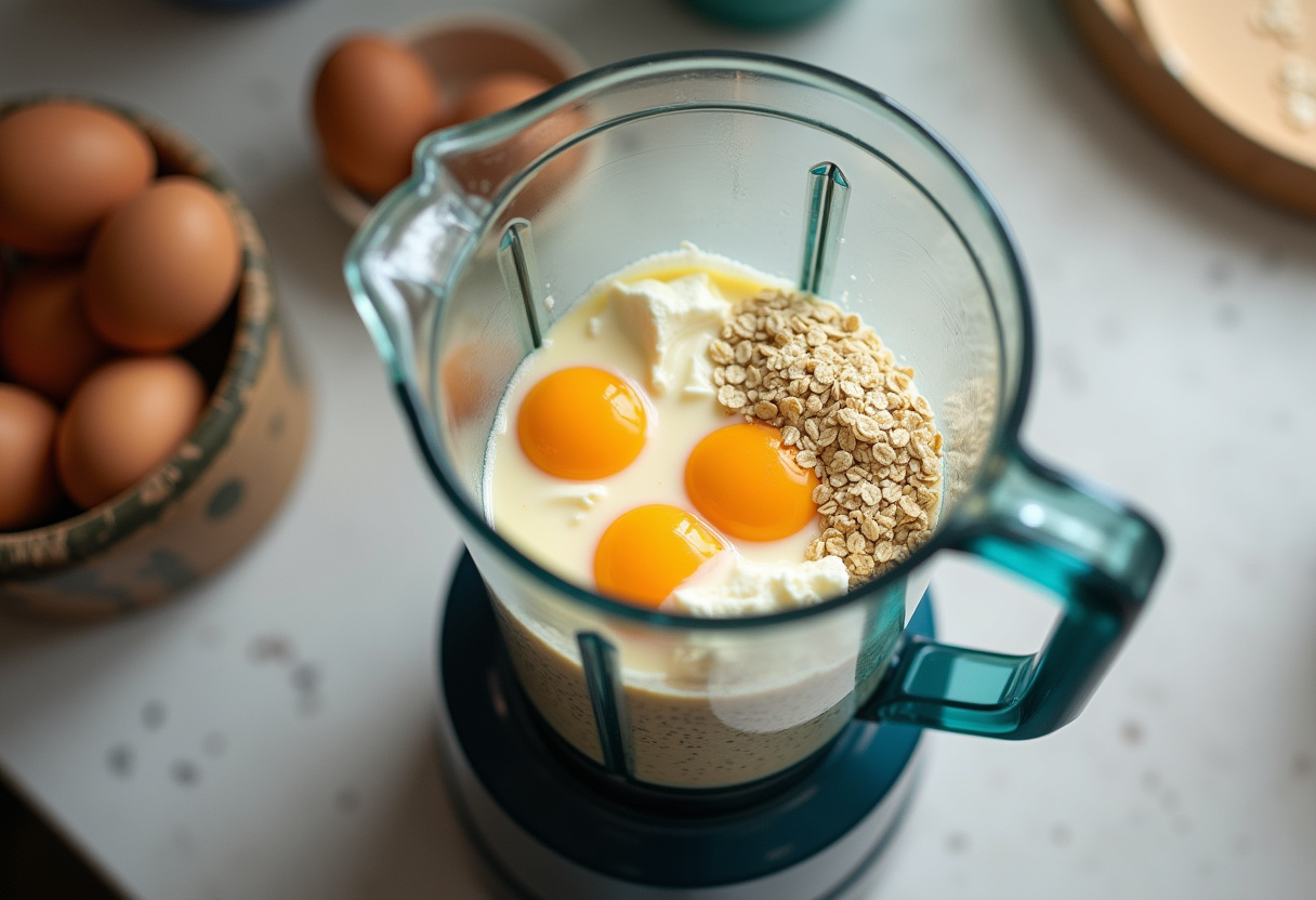 Cottage cheese, eggs, and oats in a blender for making low-carb high-protein pancakes.