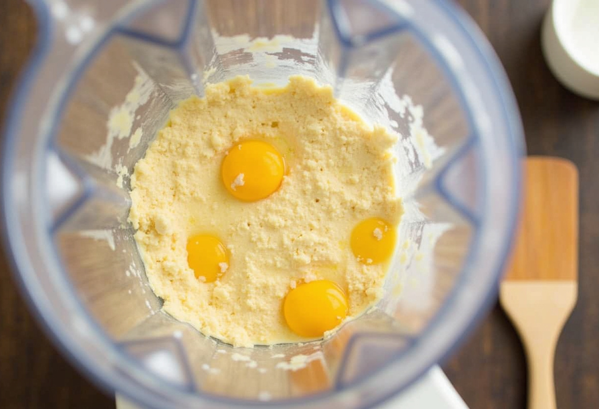 Blender mixing ingredients for low-carb high-protein cottage cheese pancakes.