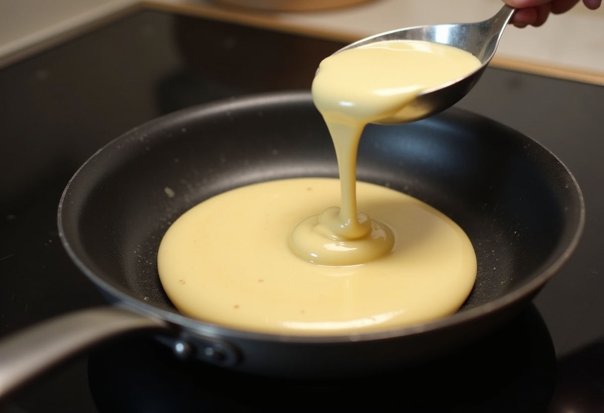 Pancake batter being poured onto a skillet for low-carb high-protein cottage cheese pancakes.