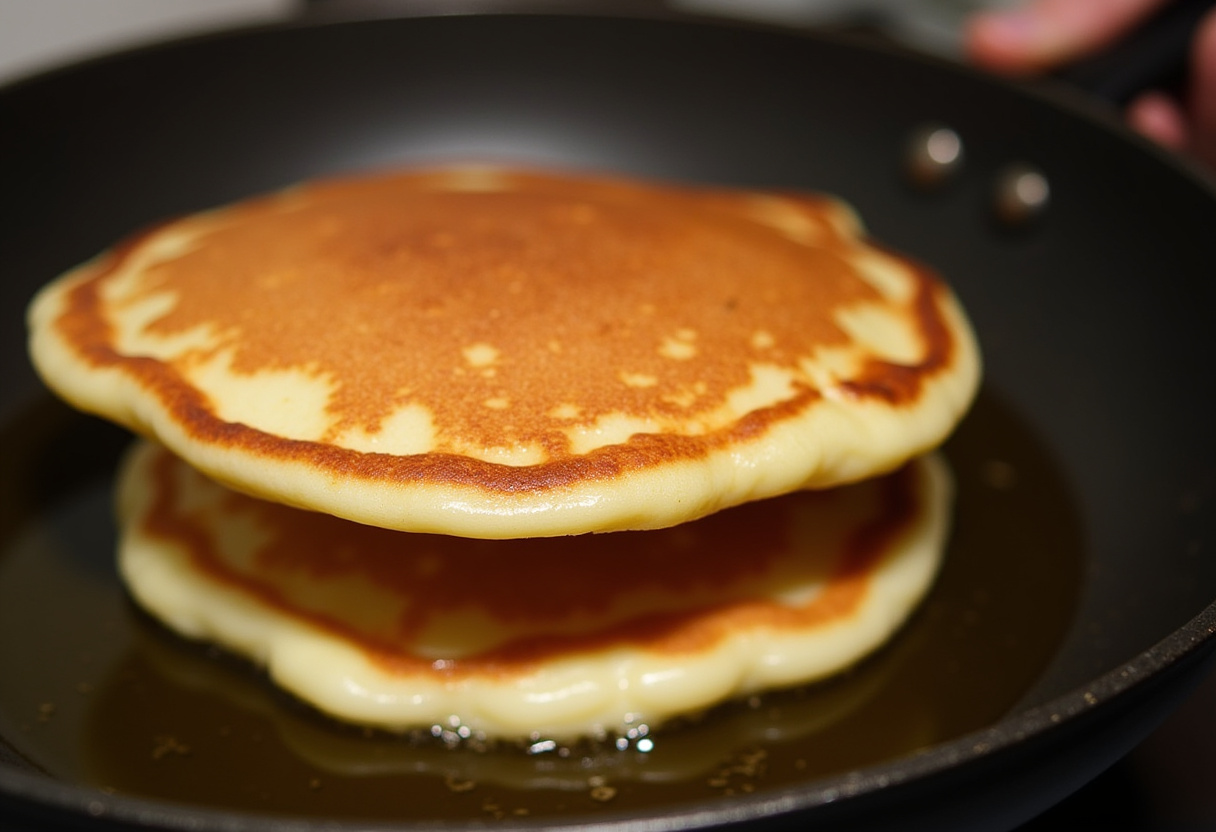 Low-carb high-protein cottage cheese pancake being flipped in the skillet.