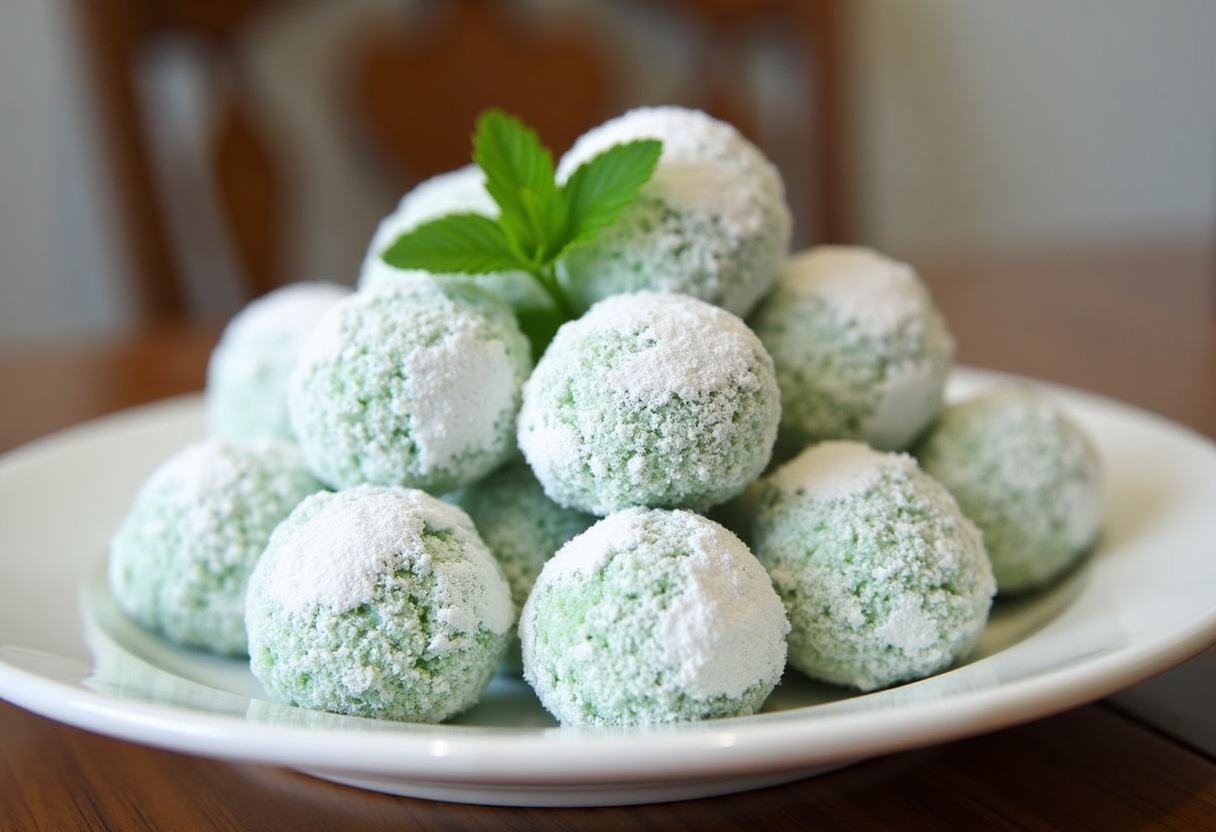 Finished Minty Snowball Cookies dusted with powdered sugar, perfect for holiday treats.