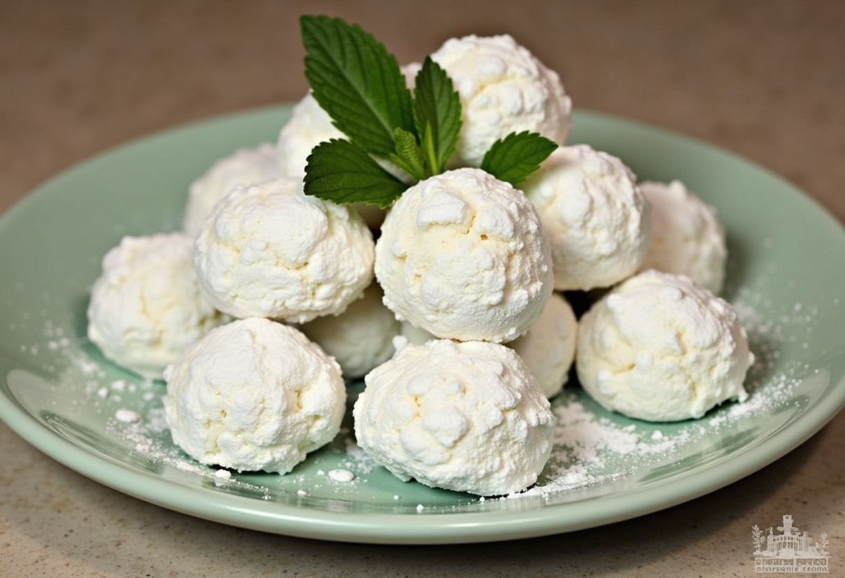 Finished Minty Snowball Cookies dusted with powdered sugar, perfect for holiday treats.
