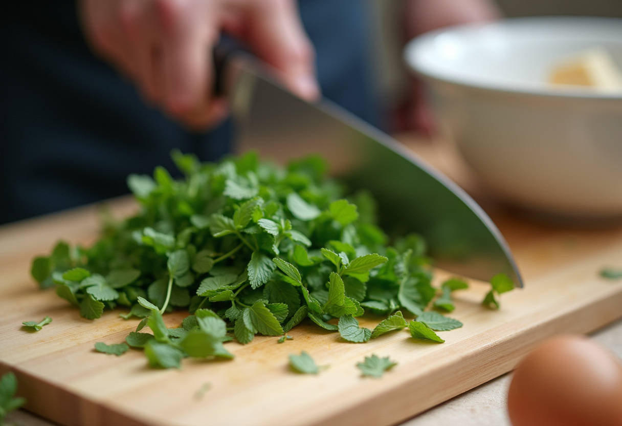 Fresh mint leaves chopped for adding to Minty Snowball Cookies dough.