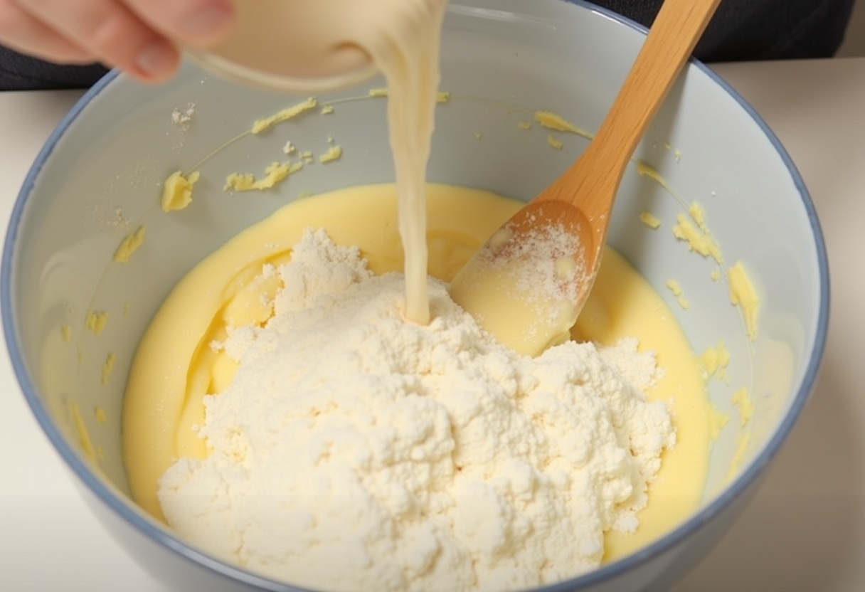 Flour being incorporated into the dough for Minty Snowball Cookies.