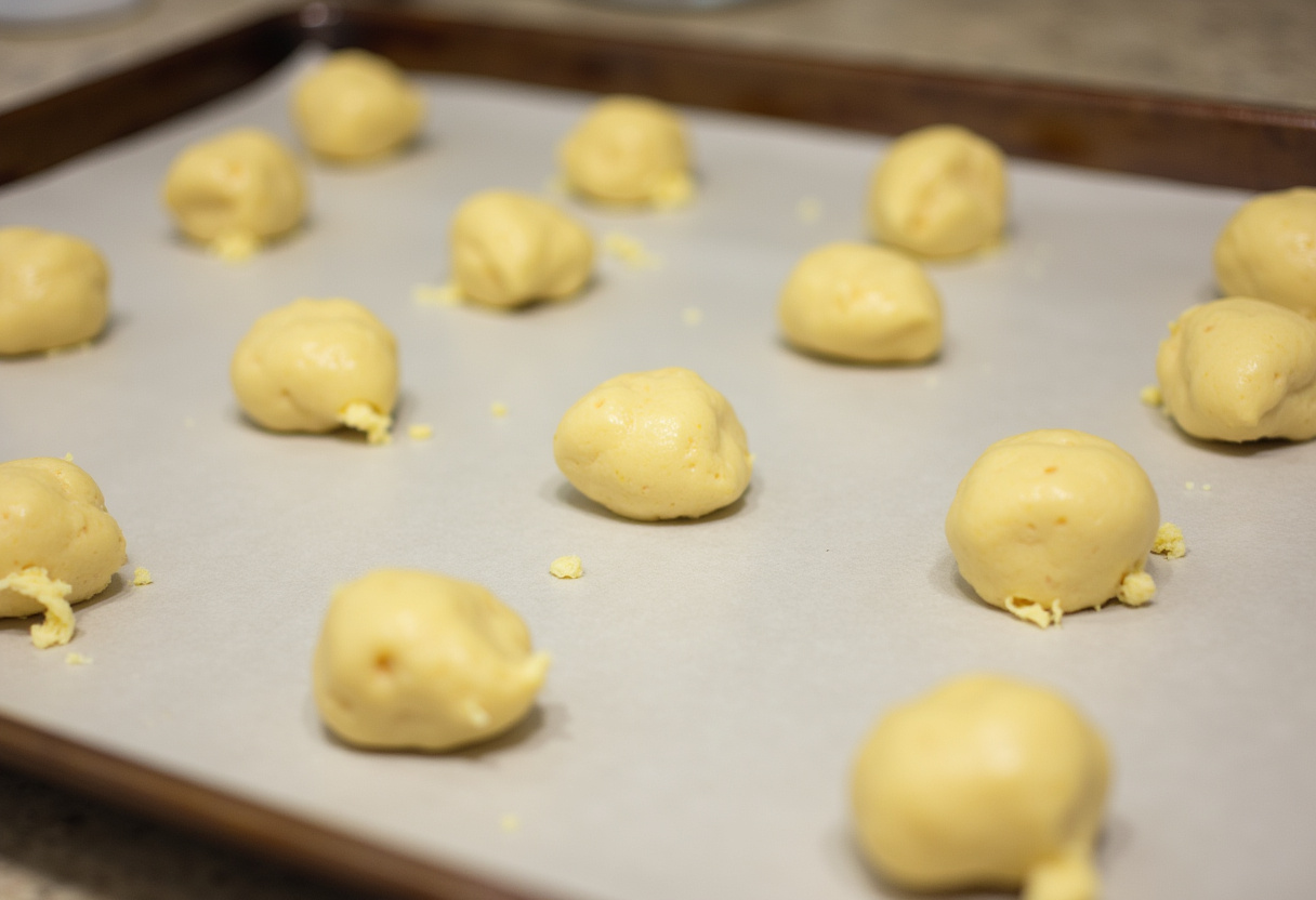 Dough balls arranged on a baking sheet for Minty Snowball Cookies.