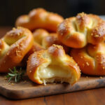 Freshly baked Mozzarella Stuffed Rosemary Parmesan Soft Pretzels with melted cheese and marinara dip.