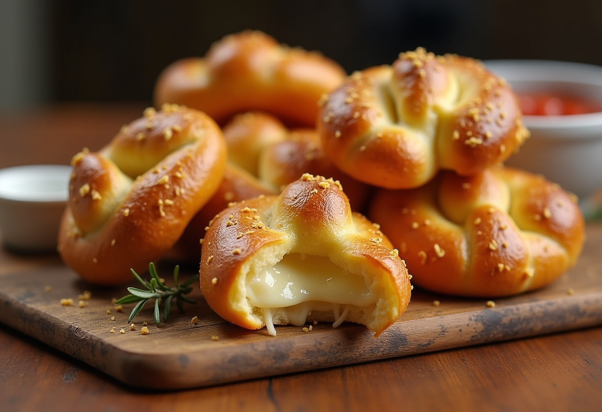 Freshly baked Mozzarella Stuffed Rosemary Parmesan Soft Pretzels with melted cheese and marinara dip.