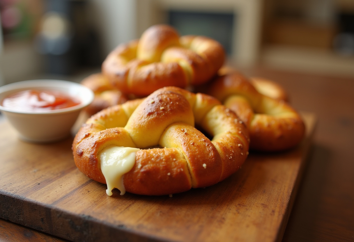 Freshly baked Mozzarella Stuffed Rosemary Parmesan Soft Pretzels with melted cheese and marinara dip.
