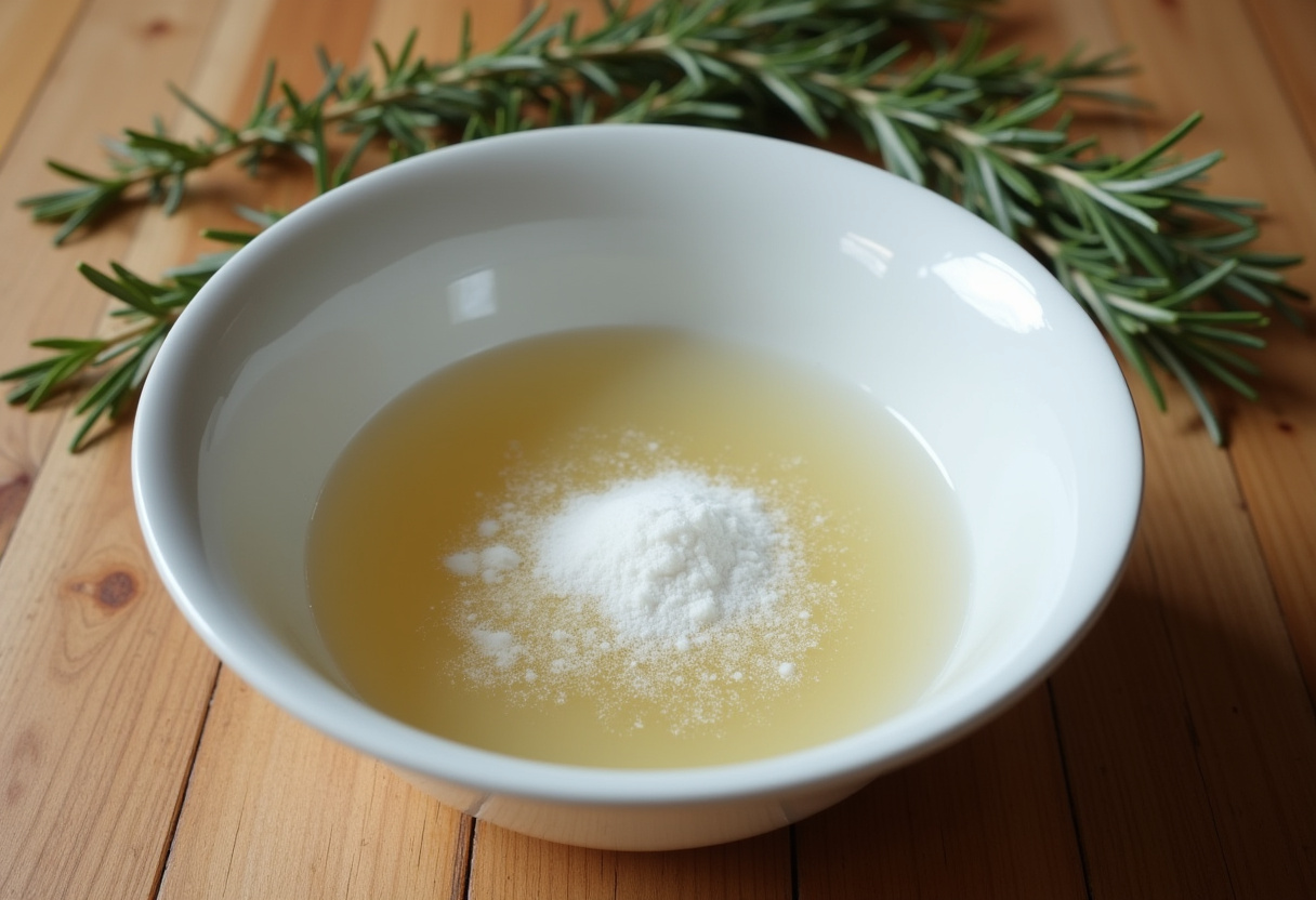Yeast and sugar dissolving in warm water for Mozzarella Stuffed Rosemary Parmesan Soft Pretzels.