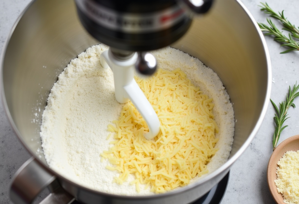 Stand mixer kneading dough with parmesan and rosemary for stuffed pretzels.