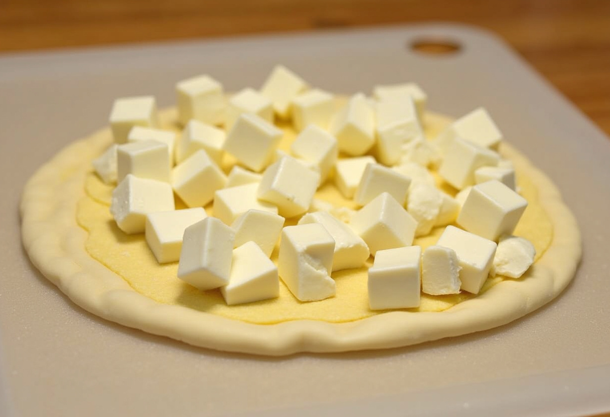 Mozzarella cheese cubes prepared for stuffing into pretzel dough.