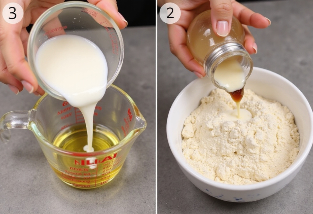 Wet ingredients being measured for a baptism cake with a modern spin.