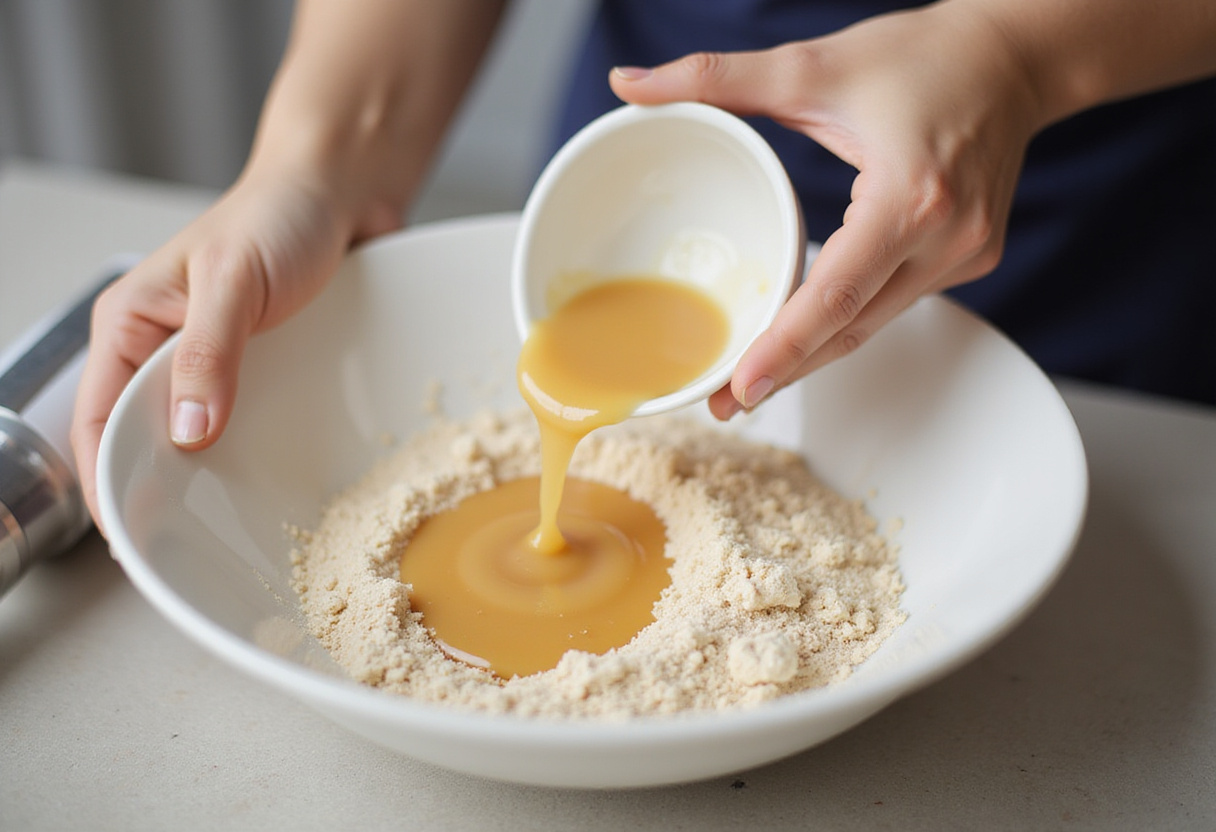 Combining wet and dry ingredients to prepare the batter for a modern baptism cake.