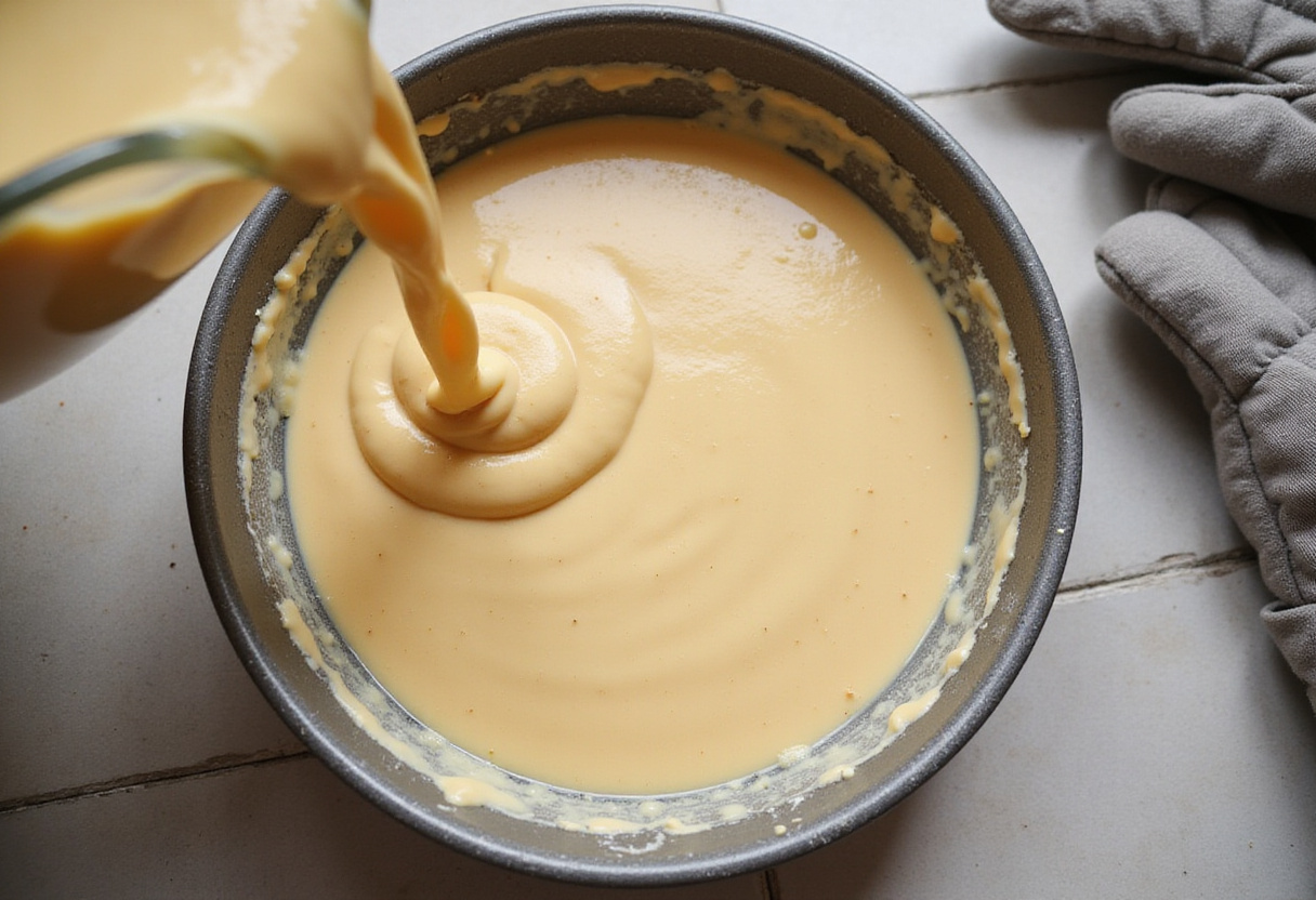 Prepared cake batter being poured into a round pan for a must-try baptism cake recipe.