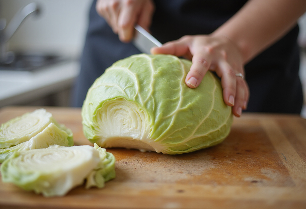 Slicing fresh cabbage for a modern cabbage bread recipe.