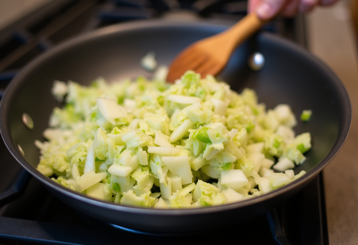 Sautéing cabbage and onions for a savory bread filling.