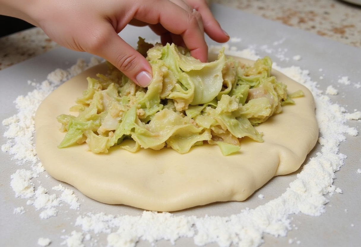 Folding sautéed cabbage into homemade bread dough.