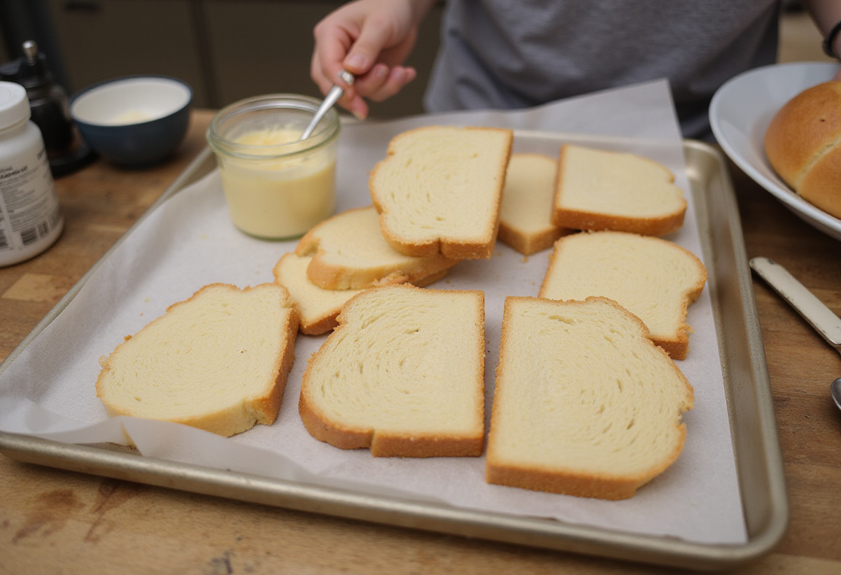 Preparing bread slices on a baking sheet for Chicken Bread.