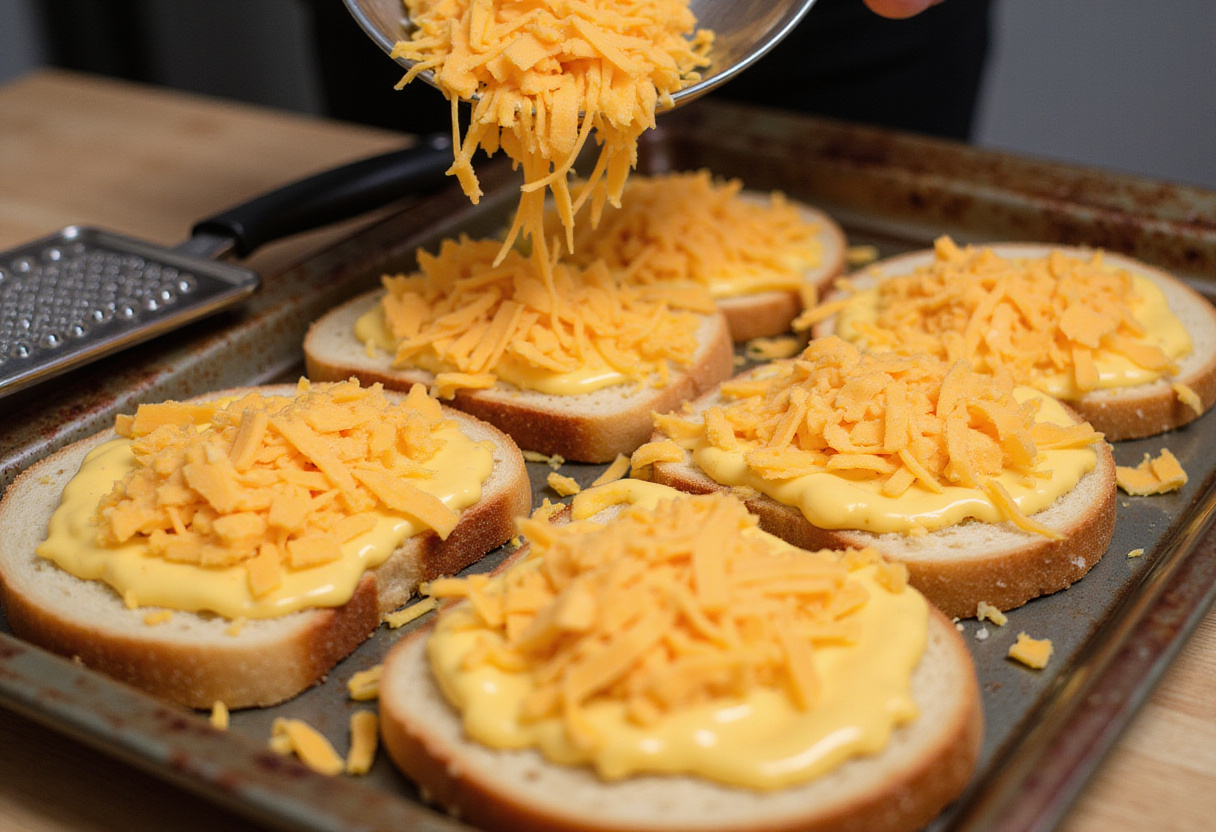 Adding shredded cheddar cheese to Chicken Bread slices.