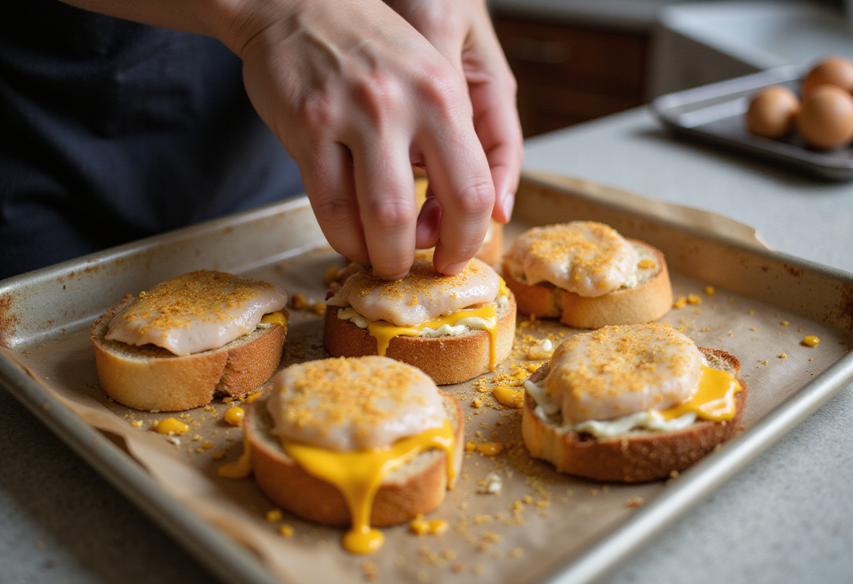 Arranging seasoned chicken slices on Chicken Bread before baking.