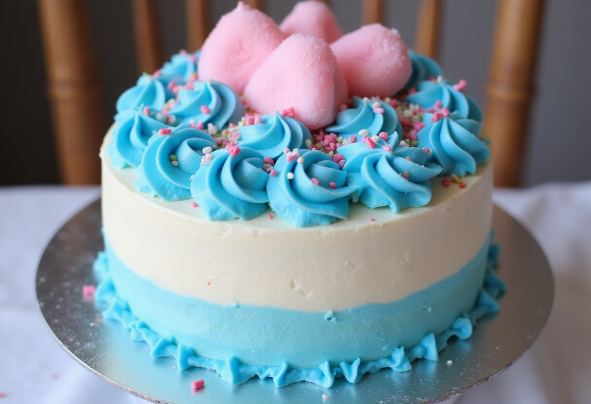 Finished Cotton Candy Cake with blue frosting, cotton candy, and sprinkles.